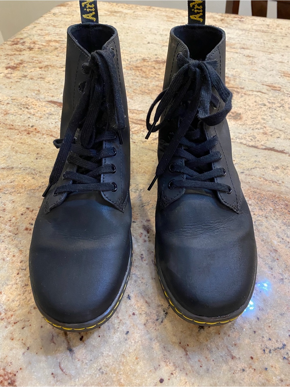 Dr. Martens Black Leather 8-Eye Lace-Up Boots with Yellow Stitching